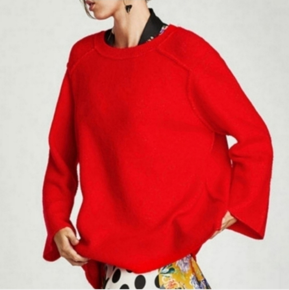 Zara Red Ribbed Knit Crewneck Pullover Oversized Sweater